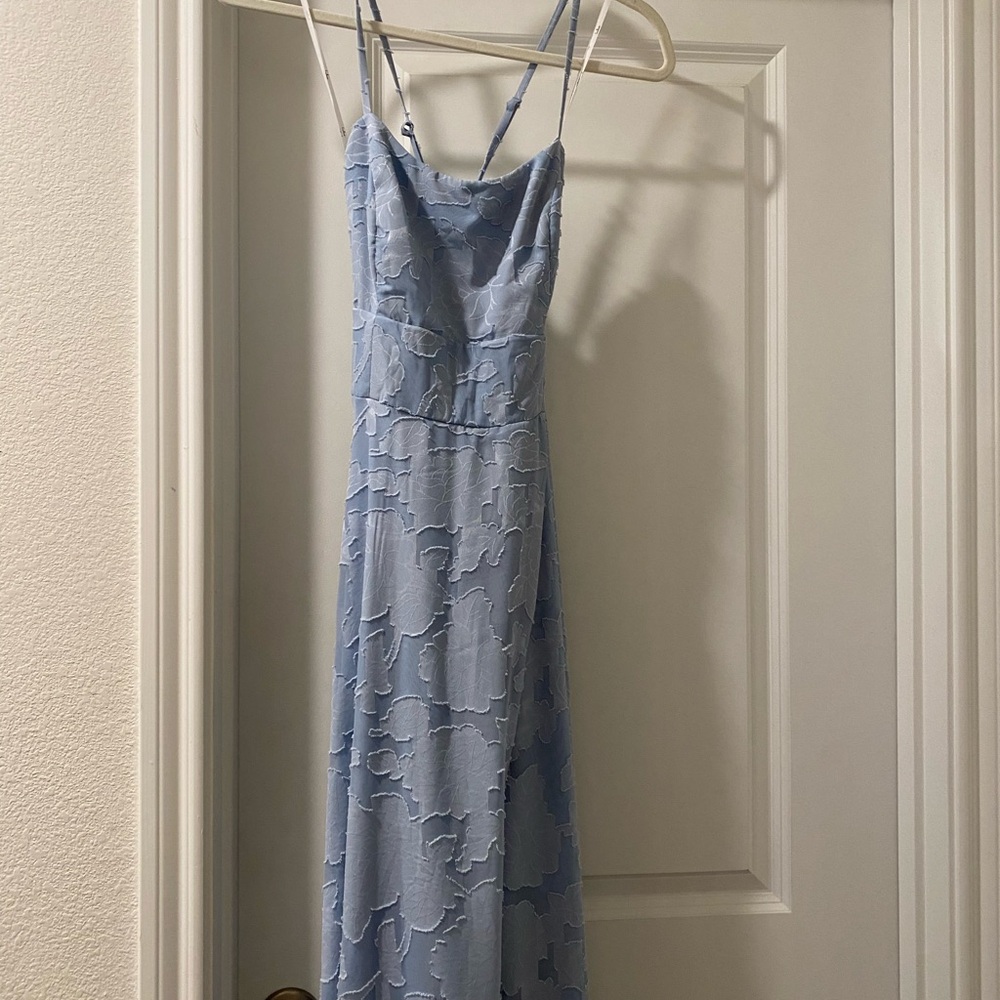 Lulu’s Light Blue Textured Spaghetti Strap Bridesmaid Dress